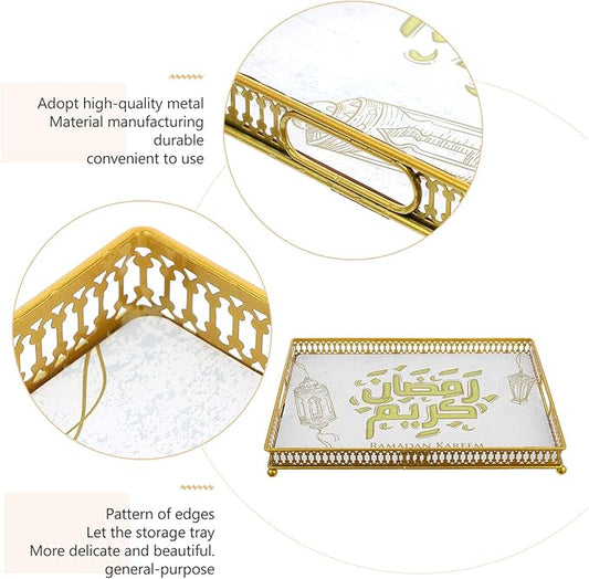 Golden Metal Eid Mubarak Dessert Tray - 11.02x7.87in Muslim Serving Plate for Home Party, Ramadan Decor, Snacks, Sweets, Nuts, and Cakes