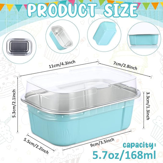 Vesici 100 Sets Mini Loaf Pans with Lids, 5.7 oz Disposable Aluminum Foil Baking Cups, Rectangle Cake Pans for Pudding Desserts Muffin Baking Storage Valentines Wedding Birthday Party(Powder Blue)