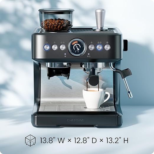 Chefman Crema Deluxe Espresso Machine with Double Boiler, Use Milk Frother and Brew Espresso Simultaneously, Professional Coffee Maker with Coffee Grinder and Steam Wand, 30 Grind Settings