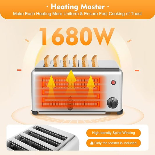 LIAUHO 6 Slice Toaster, 1680W Commercial Bread Baking Machine, 1-5 Minutes Timer Electric Oven with 6 Wide Slots, for Home Kitchen, Restaurant, Bakeries
