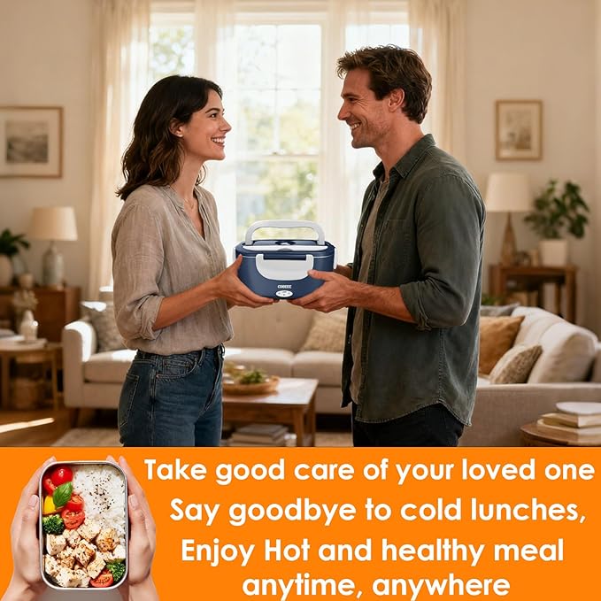 Electric Lunch Box Food Heater - 80W Fast Heating, 1.5L Heated Lunch Box Leak-Proof 304 Stainless Steel Portable Food Warmer, (12V/24V Car/Truck & 110V Home), Ideal for Work/Travel(Blue-white)