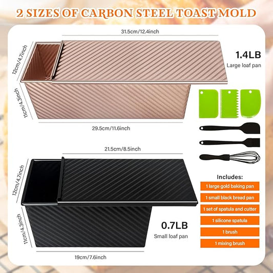 Pullman Loaf Pan Set with Lids – 2 Pack Nonstick Bread Pans for Baking, 2.2lb & 1lb Dough Capacity, Carbon Steel Sandwich Toast Mold for Shokupan, Pain de Mie & Sourdough with Baking Tools