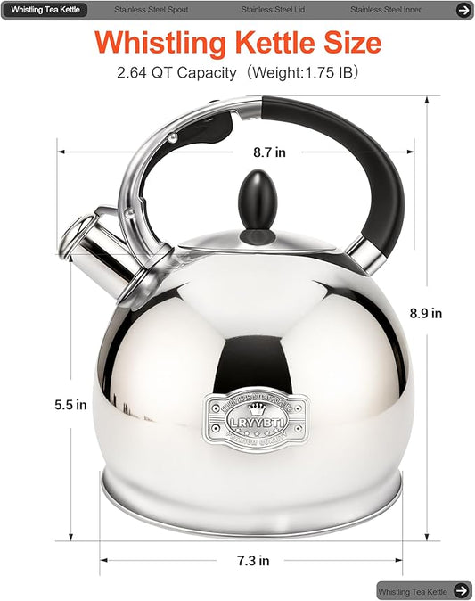 Whistling Tea Kettle for Stovetop, (2.64 Quart-Mirror) Food Grade Stainless Steel Teapot of 5-layer base