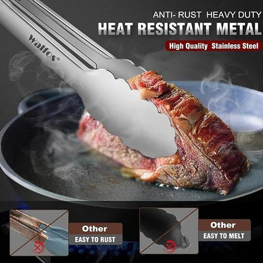 Walfos Kitchen Tongs for Cooking, 600℉ Heat Resistant Stainless Steel Tongs, All Metal Heavy Duty Tongs For Food ,BBQ Grilling - 7 ,9 and 12 Inch ,Set of 3
