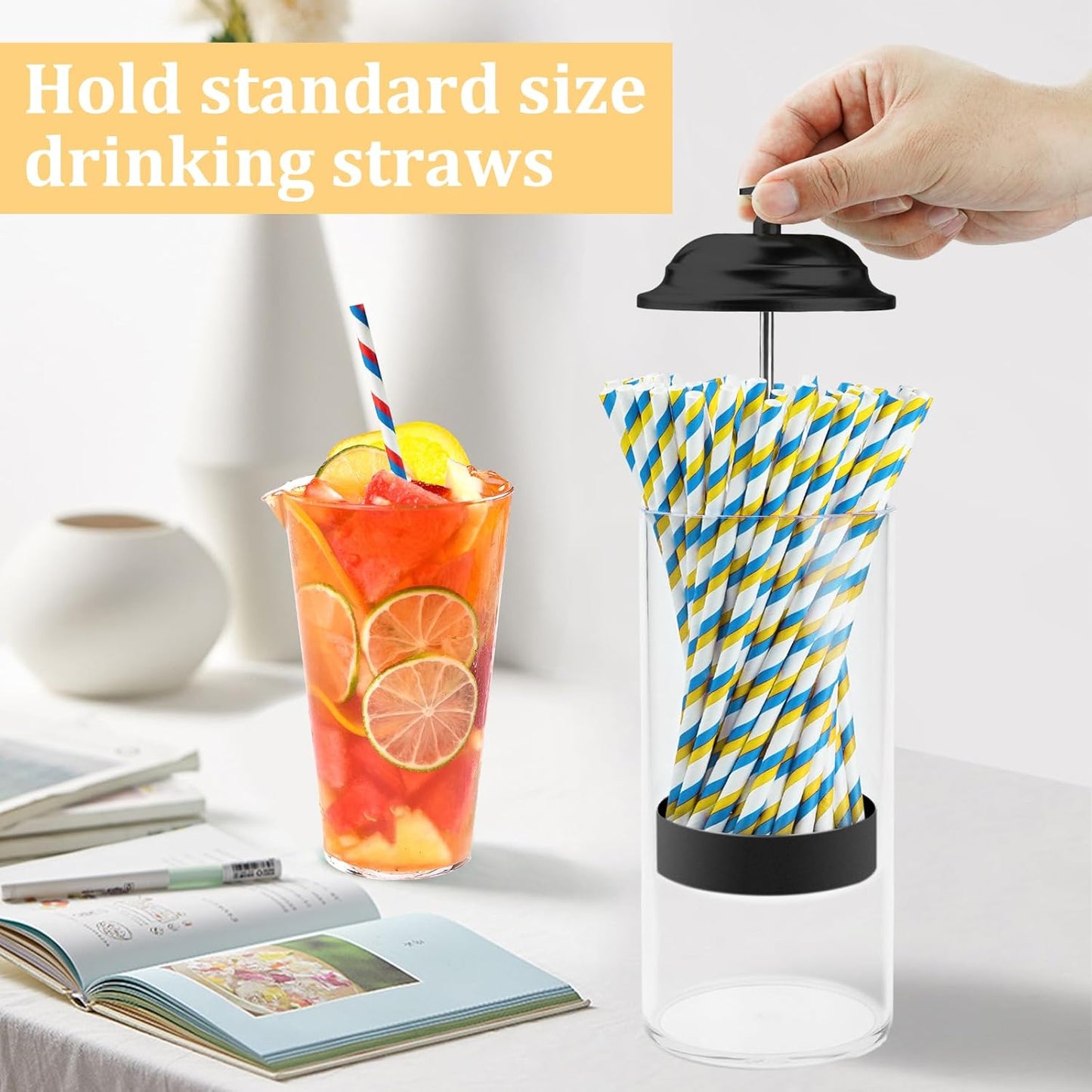 Straw Holder for Standard Size Drinking Straws, Acrylic Plastic Straw Dispenser for Counter with Lid Black(Straws Not Include)