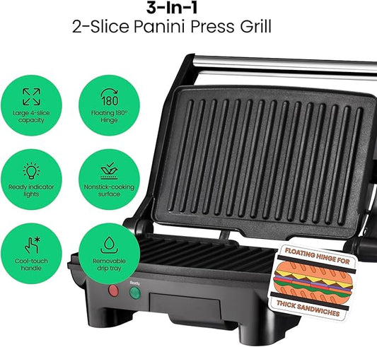 Chefman Electric Panini Press Grill,Compact 2-Slice Sandwich Maker,Non-Stick Coated Plates,Opens 180 Degrees,Dishwasher Safe,Removable Drip Tray,Stainless Steel/Black,(Pack of 4)