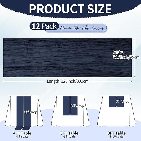 12 Pack Navy Blue Cheesecloth Table Runner 10Ft, Gauze Table Runners 21.5 x 120 inch,Semi Sheer Cheese Cloth Fabric Runner Bulk for Wedding,Party,Baby Shower,Bridal Shower