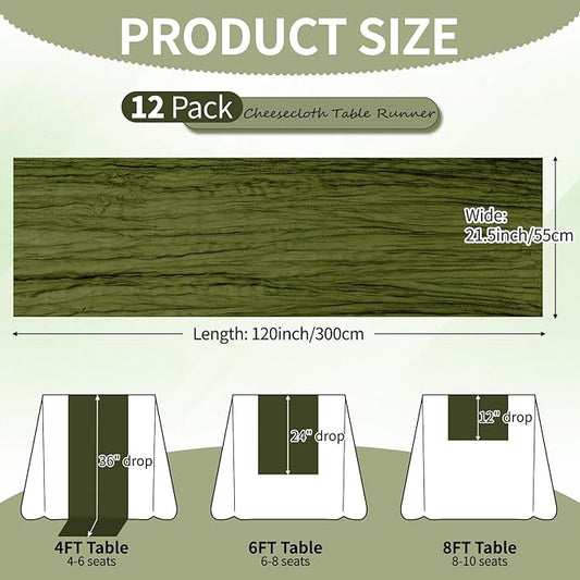 12 Pcs Olive Green Cheesecloth Table Runner 10Ft, Gauze Table Runners 21.5 x 120 inch,Semi Sheer Cheese Cloth Fabric Runner Bulk for Wedding,Party,Baby Shower,Bridal Shower