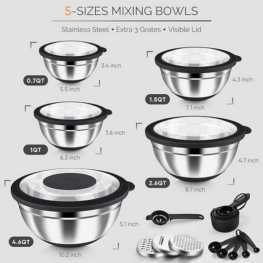 HaWare Mixing Bowls, 24-Piece Stainless Steel Salad Serving Bowl with Airtight Clear Lids, Metal Nesting Bowl For Kitchen Cooking Prepping Storing with 3 Graters, 4.6/2.6/1.5/1/0.7 QT, Black