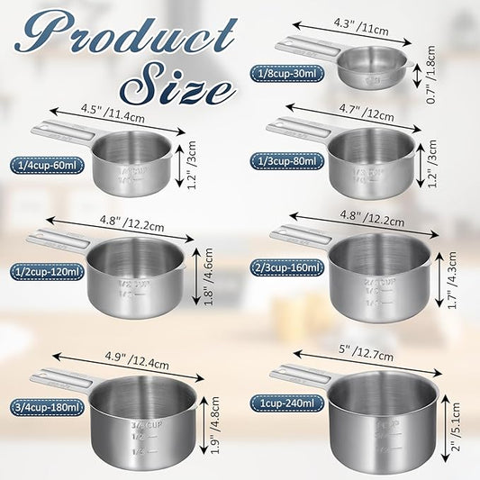 Measuring Cups 7 Pieces Stainless Steel Measuring Cups for Baking Cooking Metal Measurings Cup for Dry or Liquid Ingredients Measurement, Stackable, Dishwasher Safe