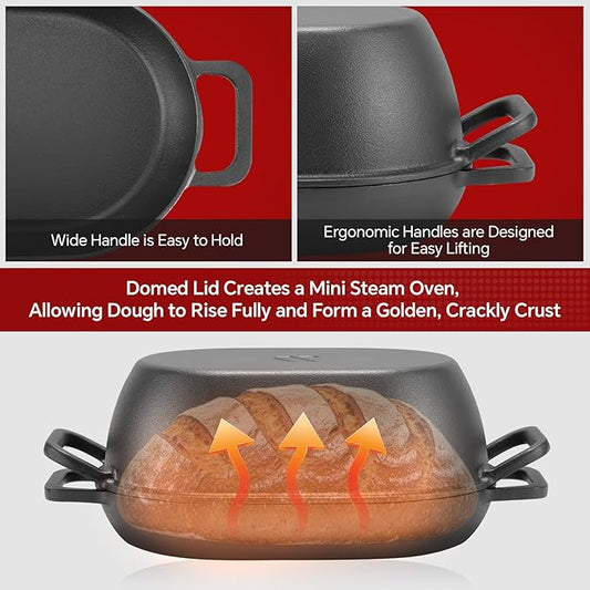 12"x8" Oval Cast Iron Dutch Oven for Bread Baking,Pre-Seasoned Combo Cooker with Lid, Perfect for Sourdough, Artisan Loaves & Family Meals,5 Qt