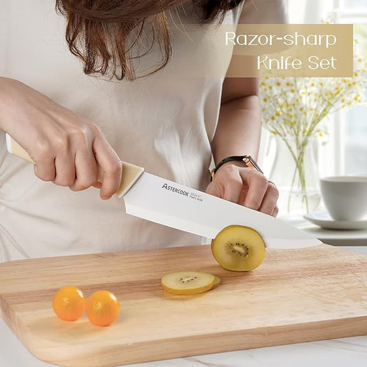 Astercook Kitchen Knife Set with Block and Sharpener 15 Piece Knives Set with Ceramic Coating German High Carbon Stainless Steel Knives Sharp Blade Dishwasher Safe Deba Knives with Ergonomic Handle