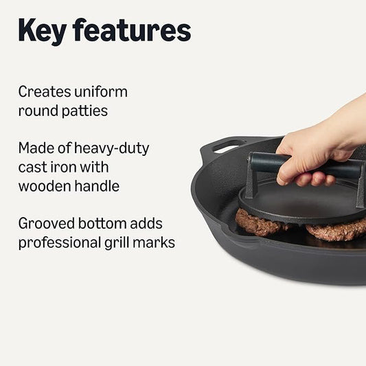 Amazon Basics Cast Iron Burger Press with Wooden Handle, Round, 6.8 x 2.7 inch, Black, 1-Pack