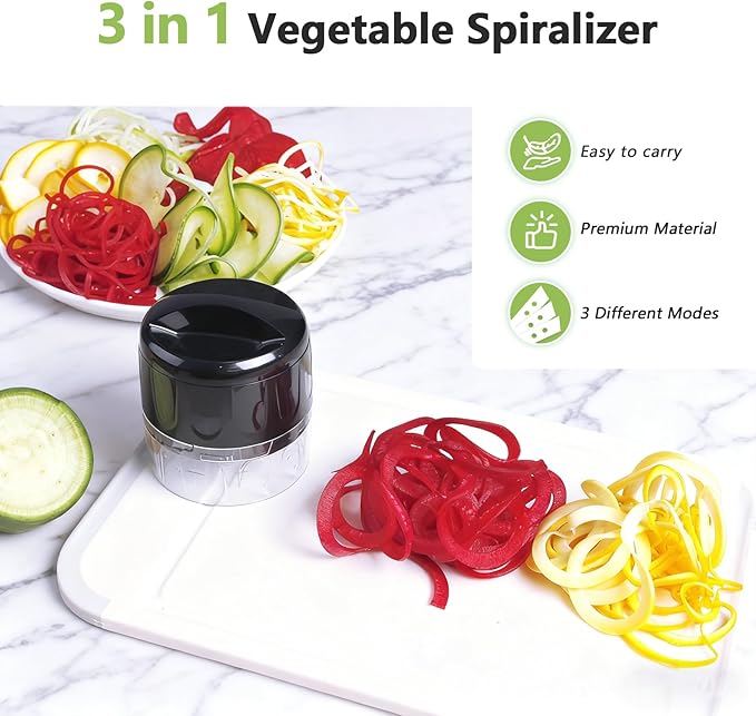 3-in-1 Vegetable Spiralizer Slicer, Adjustable Mandoline Spiral Cutter for Zucchini Noodles, Carrots, Cucumber (Black)