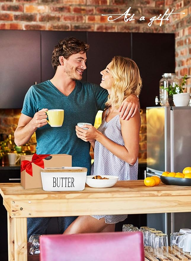 Butter Dish with Lid: Large Butter Dish for Countertop - Ceramic Butter Keeper Container with Knife and High Quality - Silicone Sealing Butter Box for Home Decor Good Kitchen Gift Black White