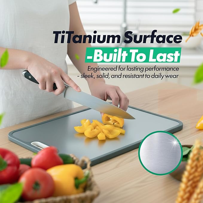 Titanium Cutting Board 16"x11" – Double-Sided, Non-Porous Kitchen Prep Board with Juice Groove & Built-In Garlic Grater, Knife-Friendly & Easy to Clean