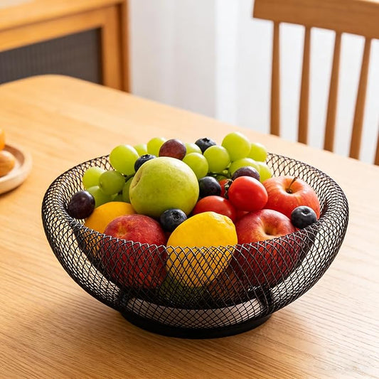 Modern Black Wire Mesh Decorative Bowl – Openwork Fruit Basket for Bread, Snacks, Storage Tray for Kitchen, Living room and home décor. (10”x4”)