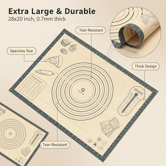 Silicone Baking Pastry Dough Mat - 28x20Inch Extra Large Cookie Bread Rolling Mats Sheet, Nonstick Kitchen Counter Kneading Board Thick Reusable Pie Cookies Pizza Fondant Making Matt Baking Supplies