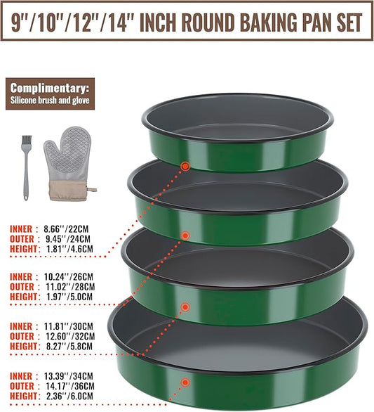 Round Baking Cake Pans Set Roasting Dish 4-Pack 9/10/12/14 Inch Enamel Non Stick Large Cookware for Cake Bread Pie Pizza Turkey Steak, Non-Toxic Carbon Steel Oven Dishwasher Safe Christmas Bakeware