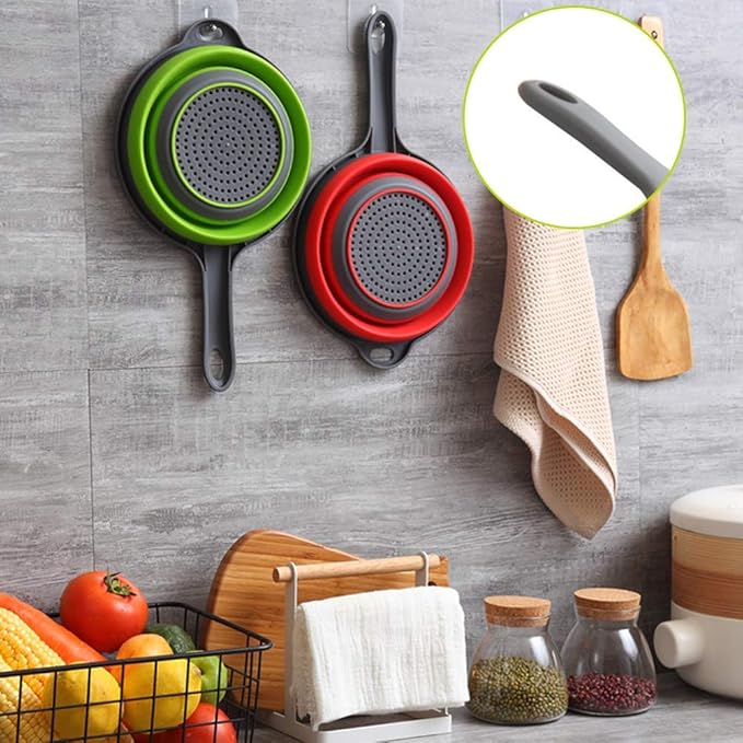 2 Pack Kitchen Foldable Silicone Strainer Colanders, Collapsible Colanders with Handles, Space-Saver Folding Strainer Colander for Draining Pasta, Vegetable (Green and Red)