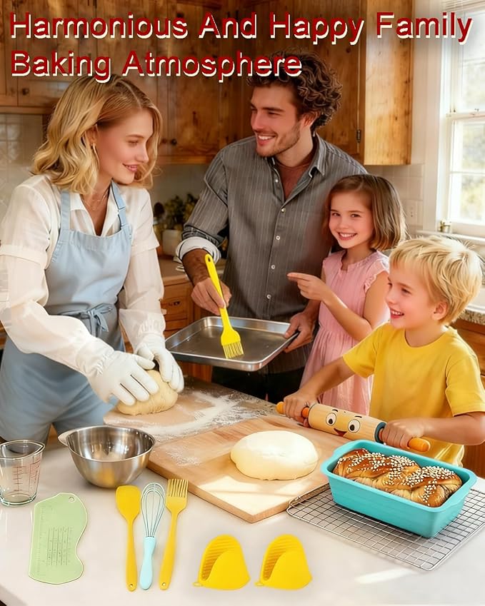 CHICHAUS Large size foldable silicone bread loaf pan with lid,11x4.7 Inch easy to store non stick Bread Baking Pans,Sourdough Bread Pan with Baking Tool Supplies Kit for Homemade Bread, Cake