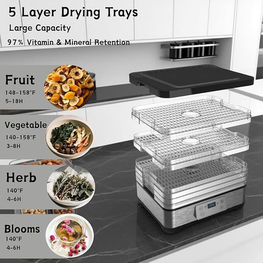 Food Dehydrator, Large 5 Trays Meat Dehydrator for Jerky, 300W Herb Dryer 24H Timer & Temp Control for Fruit Snacks Yogurt Dog Treats ETL Approved (Black 5 Trays)