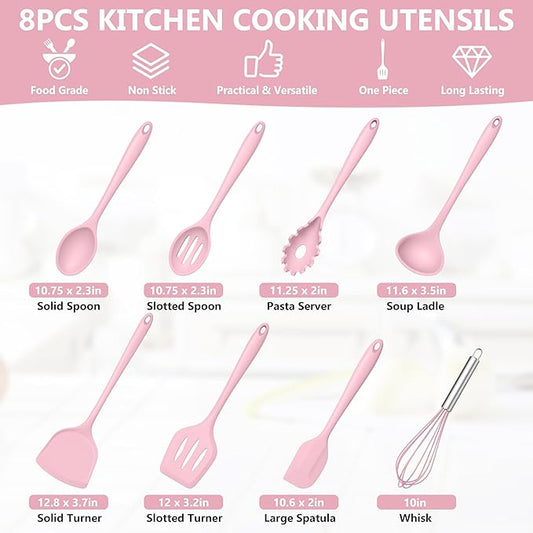 TeamFar 8 PCS Silicone Cooking Utensils - 446°F Heat Resistant Kitchen Silicon Utensils Set, Turner, Spatula, Spoon, Whisk, Kitchen Cooking Gadgets Tools for Nonstick Cookware, Dishwasher Safe-Pink
