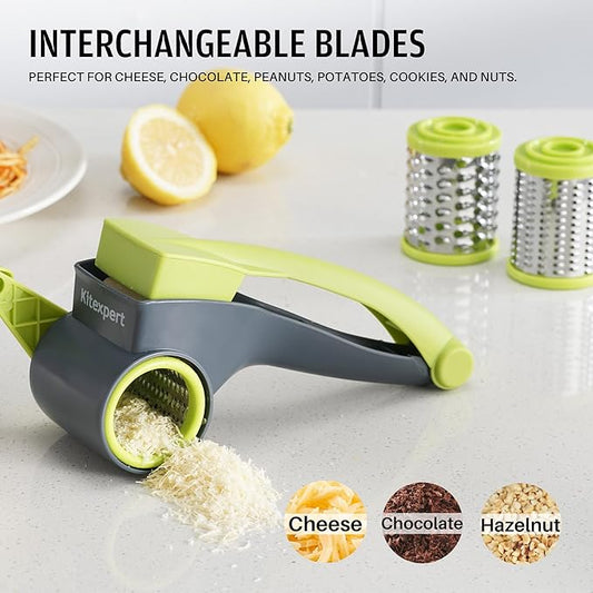 Cheese Grater with Handle, Kitchen Parmesan Cheese Grater with 2 Stainless Steel Drums, Rotary Cheese Graters Handheld for Grating and Shredding Hard Cheese, Chocolate