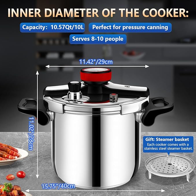 Stainless Steel Pressure Cooker10 quart Commercial Stove Top Pressure Cooker for canning, pressure cooke10+ quart, Compatible with Gas & Induction, Fast Cooking for large Meals, Dishwasher Safe,