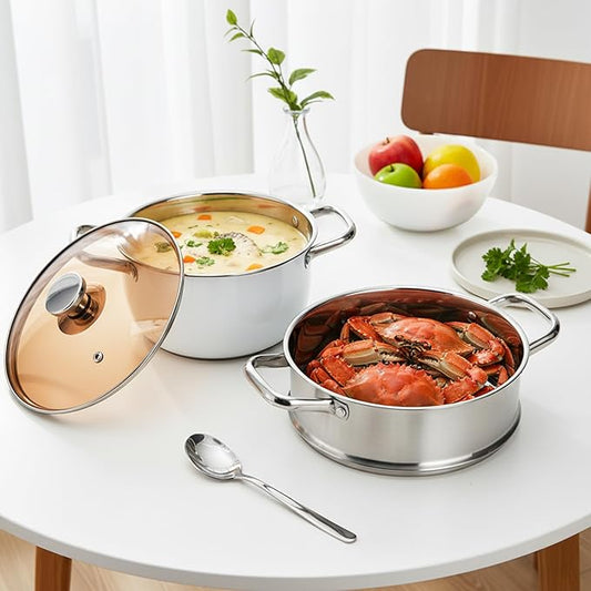 2 Tier Steamer Pot with Lid, 4 Quart Stainless Steel Food Steamer for Cooking, Multipurpose for Vegetable, Dumpling, Sauce, Pasta