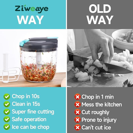 Ziweaye Manual Food Processor Vegetable Chopper, Portable Hand Pull String Garlic Mincer Onion Cutter for Veggies, Ginger, Fruits, Nuts, Herbs, etc., (900ml,Gray-blue)