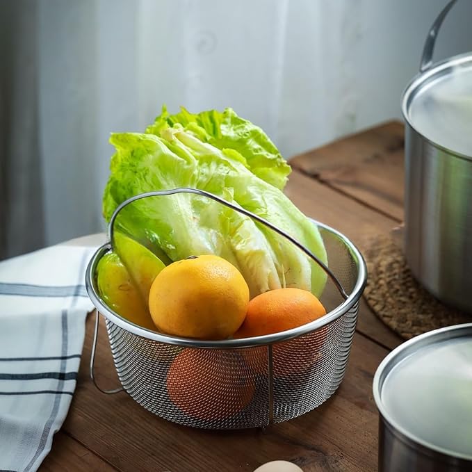 Stainless Steel Steamer Basket for Instant Pot Accessories 6&8quart, Heavy-Duty Pressure Cooker with Silicone Handle Vegetable Steamer Insert, Egg Basket, Pasta Strainer,Silver
