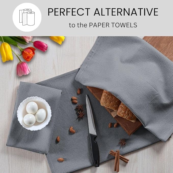 Waffle Kitchen Towels Large 16x26 inch 100% Cotton Set of 4 - Soft Absorbent Washable Tea Towel for Kitchen - Dish Cloths Quick Drying - 320 GSM Quality Dish Towel Grey