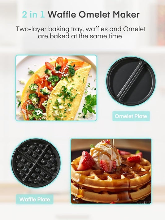 FOHERE 2-in-1 Omelette Maker&Waffle Maker, 1400W Omelet Maker 180° Flip, Adjustable Browning Control, Non-Removable & Nonstick Pans, Make Two Omelet and One Waffle at Once for Home (Mint Green)