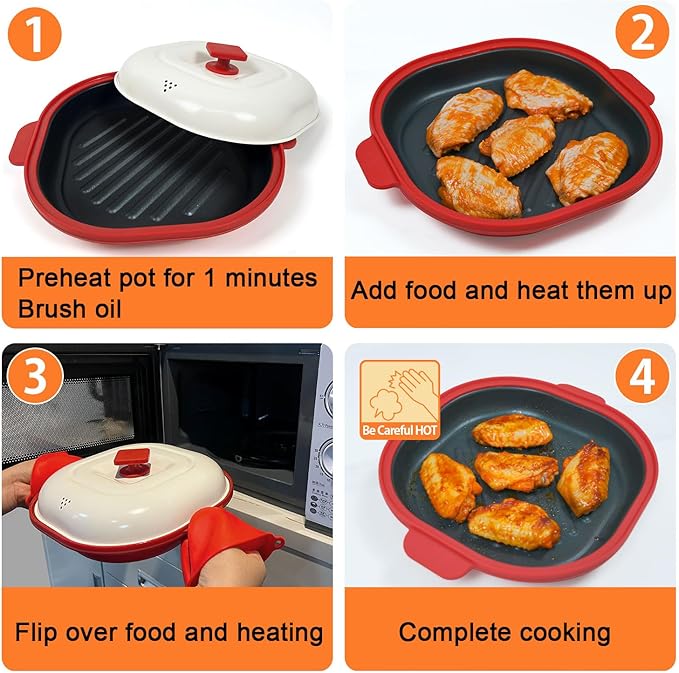 Microwave Grill Pan with Cover, Microwave Cookware Multi-Use for Grilling, Frying, Browning and Crisping, Microwave Bacon Cooker Tray, Microwave Griller with Cover Safe and Easy to Clean (Red)