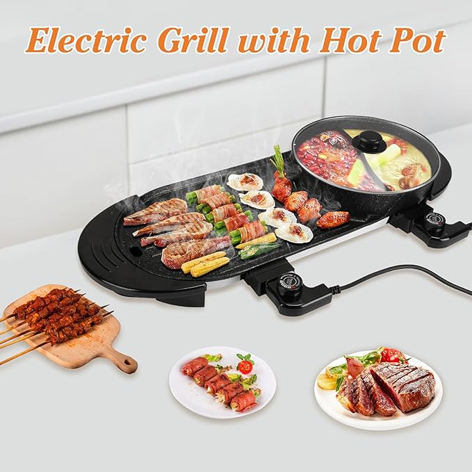 Electric Hot Pot with Grill, Indoor Smokeless Non-Stick Korean BBQ Grill Cooker, Shabu Shabu Hot Pot with Divider Independent Temperature Control 5 Gears Firepower, for 2-8 People