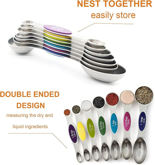 Magnetic Measuring Spoons Set - Stainless Steel Stackable Dual Sided Teaspoon Tablespoon for Measuring Dry and Liquid Ingredients, Measuring Spoons for Cooking & Baking, Fits in Spice Jars, Set of 8