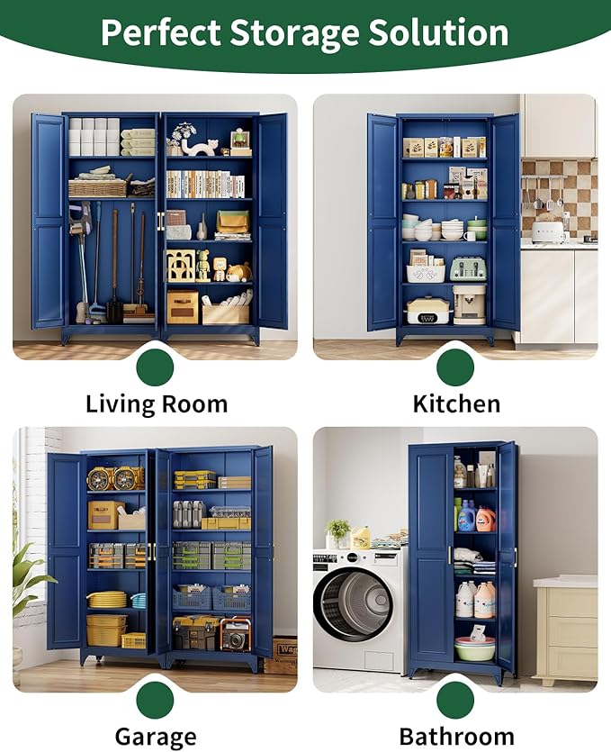 Metal Storage Cabinet with 2 Doors and 4 Adjustable Shelves, 74.8" H Kitchen Pantry Cabinets, Modern Tall Garage Cabinet for Files, Books, Tools, Toys
