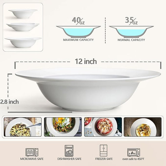 Pasta & Salad Bowls - 40oz White Ceramic Soup Plates - Set of 4, Large Pasta Plates, Wide Rimmed, Microwave & Dishwasher Safe