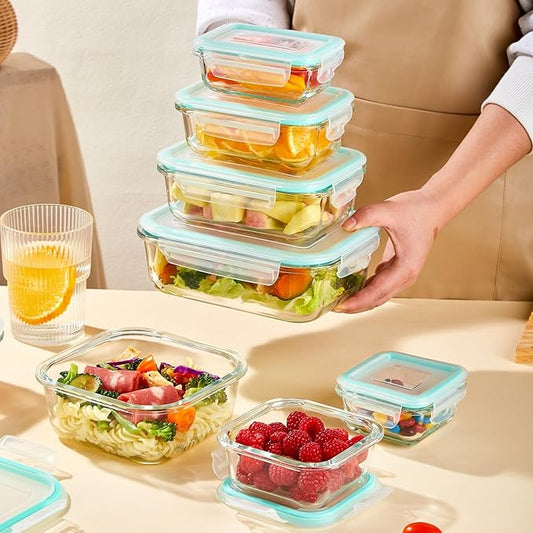 Liuruiyu 8 Pack Glass Food Storage Containers with Lids, Meal Prep Containers, Airtight Bento Boxes with Leak Proof Locking for Microwave, Oven, Freezer and Dishwasher, BPA Free(5oz to 36oz)