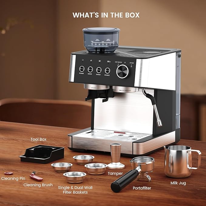 (2025 Upgrade)15 Bar Espresso Machine with Built-in Anti-Clog Coffee Grinder, Expresso Coffee Machines with Milk Steam Wand/Frother/Tamping Tools,Espresso Maker with Grinder for Lattes-Deep Black