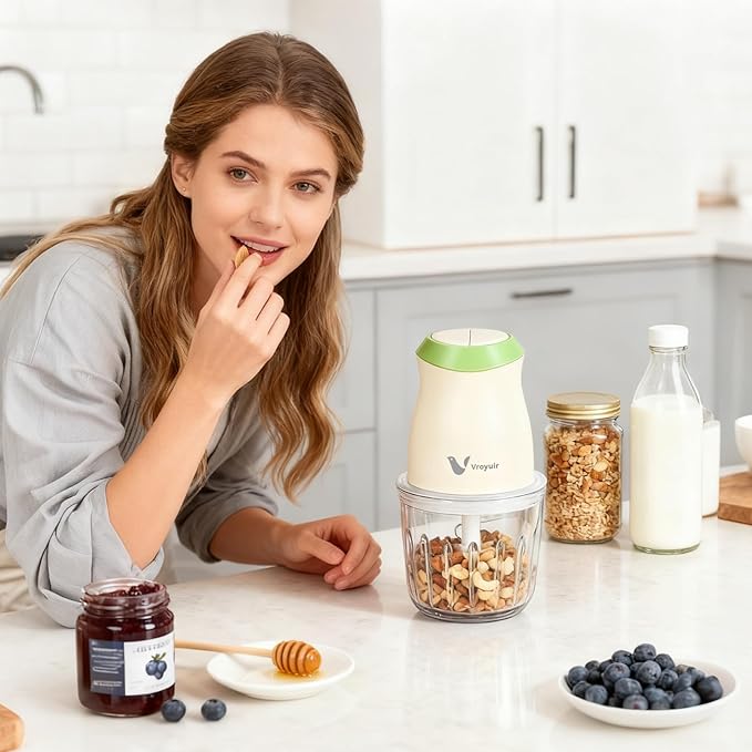 Vroyuir 600ML Food Processor & Baby Food Maker, 2 Speeds & 8 Blades Electric Food Chopper and Meat Grinder with Two 200ML Bowls - for Chopping, Dicing, Mixing, Pureeing Vegetables, Meat, Nuts