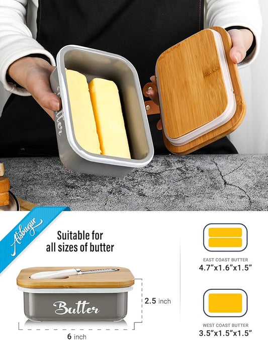 Butter Dish with Lid for Countertop, AISBUGUR Metal Butter Keeper with Stainless Steel Multipurpose Butter Knife, Large Butter Container with Double High-quality Silicone Good Kitchen Gift Grey