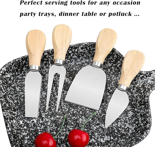 Charcuterie Accessories, 4 PCS Cheese Knives Set with Wood Handle, Stainless Steel Cheese Slicer/Cheese Cutter (Cheese Knife, Shaver, Fork and Spreader) for Charcuterie Board Accessories