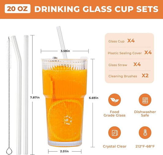 4 Pack 20 Oz Glass Cups with Lids and Straws Iced Coffee Cups Vintage Ribbed Glassware for Beer Ice Coffee Fruit Juice Elegant Aesthetic Cup Glass Iced Coffee Tumbler Include 2 Cleaning Brushes