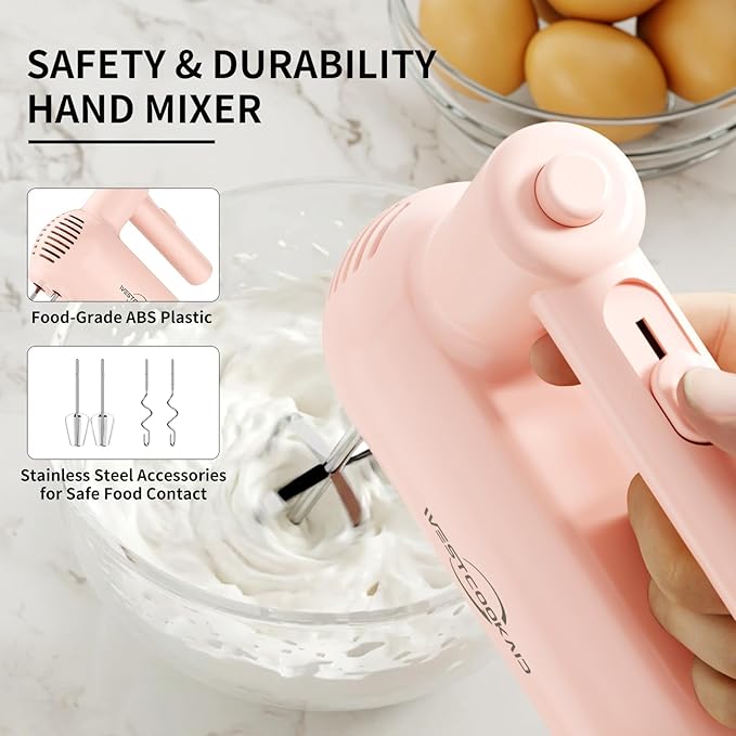 Hand Mixer Electric, 5 Speed Hand Mixer Electric Handheld with Turbo, WESTCOOKAID Lightweight Stainless Steel Beaters, Dough Hooks, Blending or Cooking (Pink)
