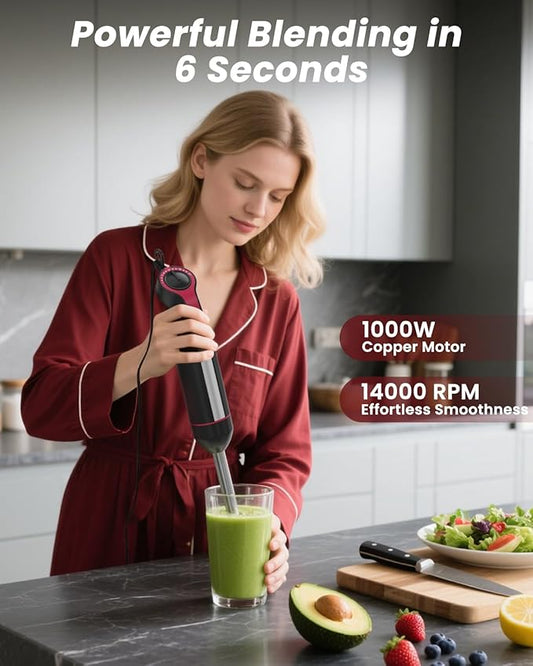 Immersion Blender Handheld 1000W, 3-in-1 Stick Hand Blenders for Kitchen with Upgraded 20 Speed Turbo, Includes Milk Frother & Electric Whisk Attachments for Soups, Purees & Emulsions