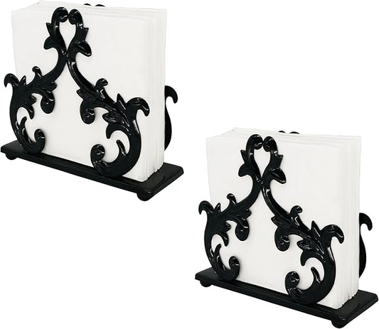 Owlgift Baroque Black Napkin Holder Set of 2 – Decorative Metal Tissue Rack for Tabletop, Mail, or Bill Organizer – 6 x 2 x 5.3 Inches, Glossy Finish for Home or Restaurant Use