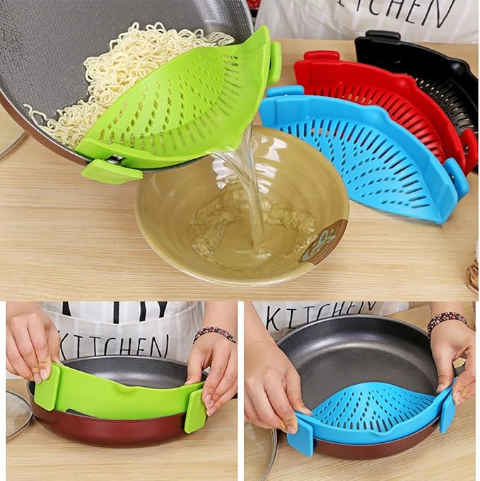Snap Strainer, Clip on Strainer for Pots Pans, Hands-free Clip-on Heat Resistant Silicone Colander Pour Spout for Pasta Vegetable Noodles, Colander and Sieve Snaps On Pots Bowls Pans