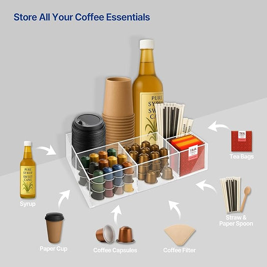 Acrylic Coffee Bar Station – Snack Tea Organizer & Storage Holder for Office Coffee Table – Perfect Countertop Setup for Syrup, Creamer, Condiment and Snack Accessories